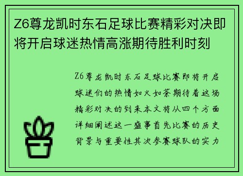 Z6尊龙凯时东石足球比赛精彩对决即将开启球迷热情高涨期待胜利时刻