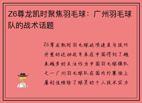 Z6尊龙凯时聚焦羽毛球：广州羽毛球队的战术话题