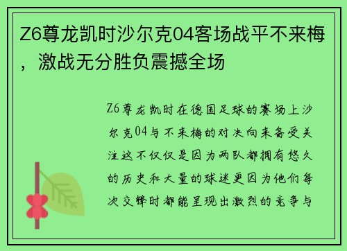 Z6尊龙凯时沙尔克04客场战平不来梅，激战无分胜负震撼全场