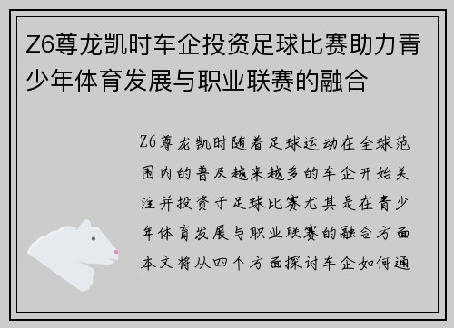 Z6尊龙凯时车企投资足球比赛助力青少年体育发展与职业联赛的融合