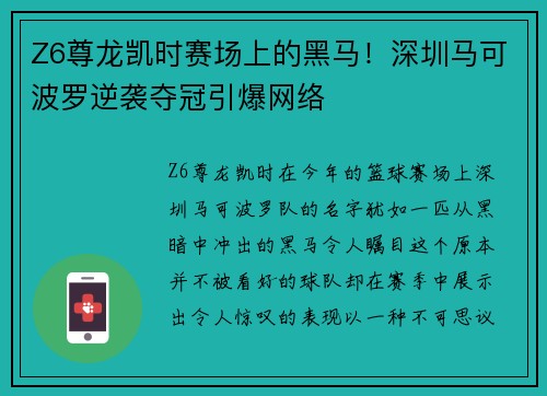Z6尊龙凯时赛场上的黑马！深圳马可波罗逆袭夺冠引爆网络