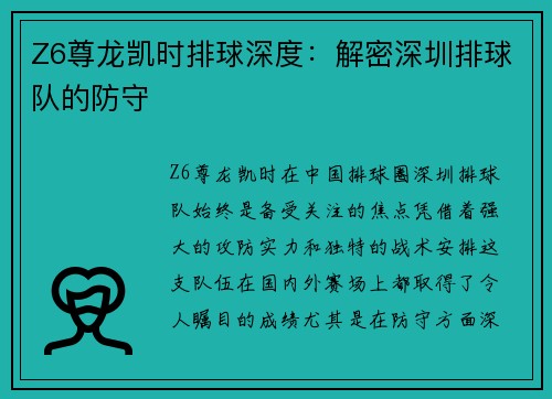 Z6尊龙凯时排球深度：解密深圳排球队的防守